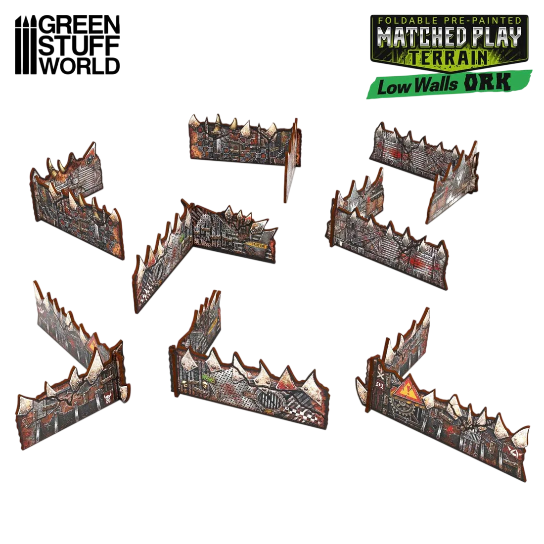 Green Stuff World Matched Play Pre-painted Ork Low Walls (Pack x8) - Wargaming