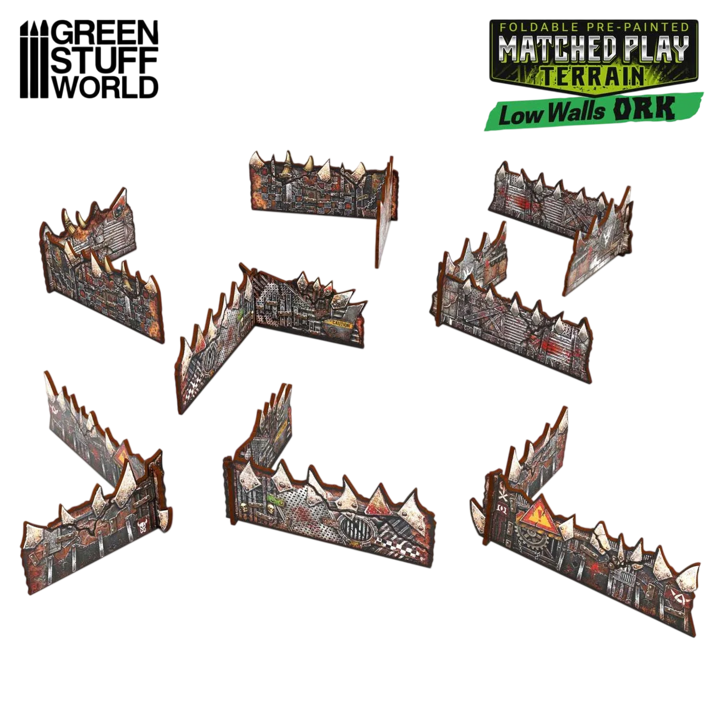 Green Stuff World Matched Play Pre-painted Ork Low Walls (Pack x8) - Wargaming