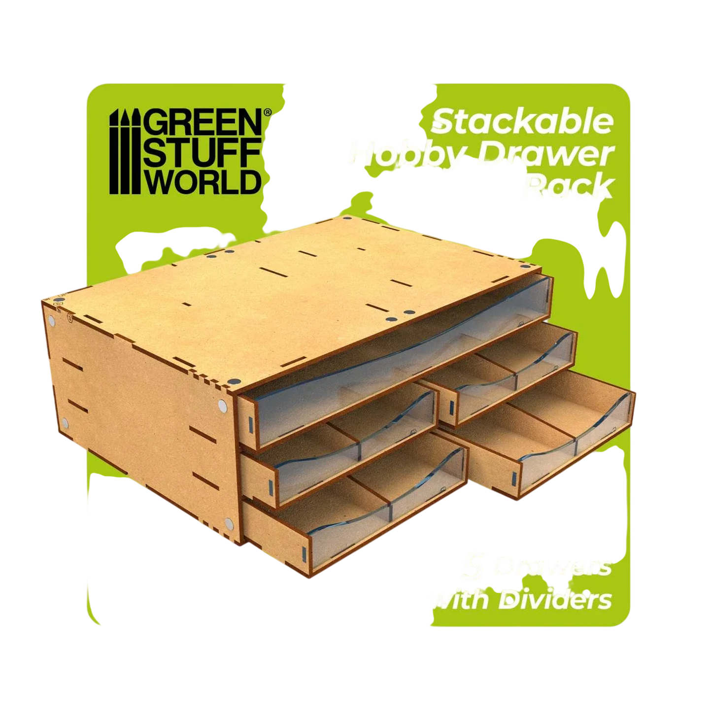 Green Stuff World Stackable Hobby Drawer Rack with 5 horizontal drawers and dividers