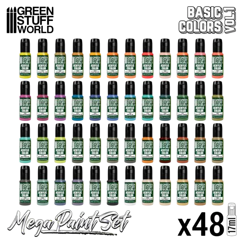 Green Stuff World Ultimate Basic Mega Starter Paint Set - Vol. 1.0-48 Essential Acrylic Paints for Modeling, Wargaming, and other Hobbies - 12259