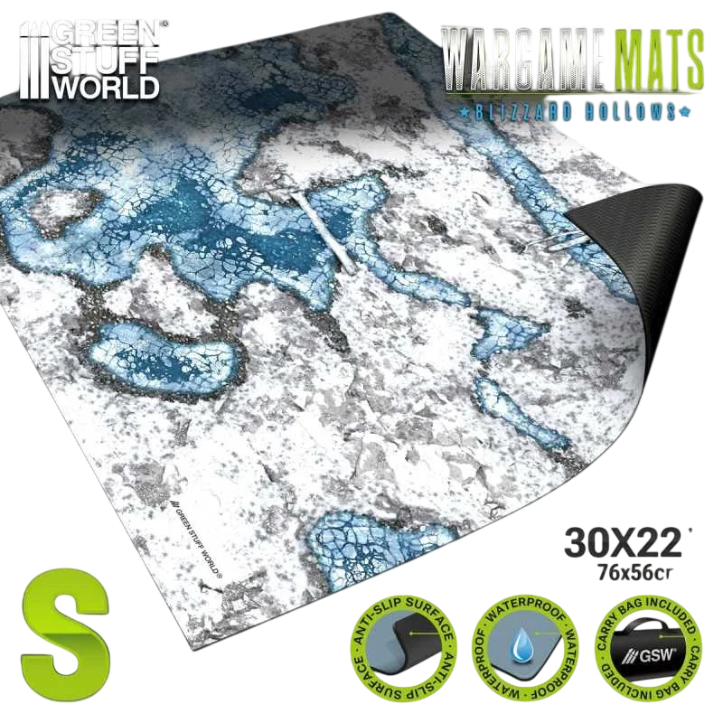 Green Stuff World Wargame Mat, Blizzard Hollows (56x76cm), Neoprene Battle Surface, Anti-Slip Backing, 30x22 Inch, with Carrying Bag - 5865