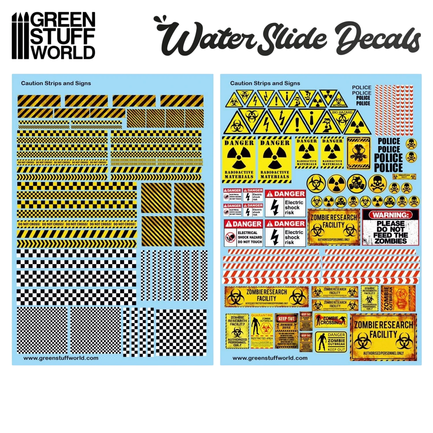 Green Stuff World Waterslide Decals - Caution Strips and Signs - Wargaming