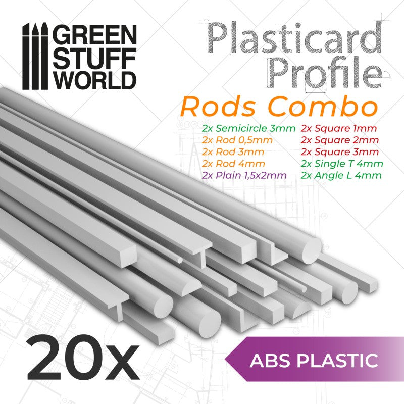 Green Stuff World ABS Plasticard - Profile - 20x Rods Variety Pack 9200