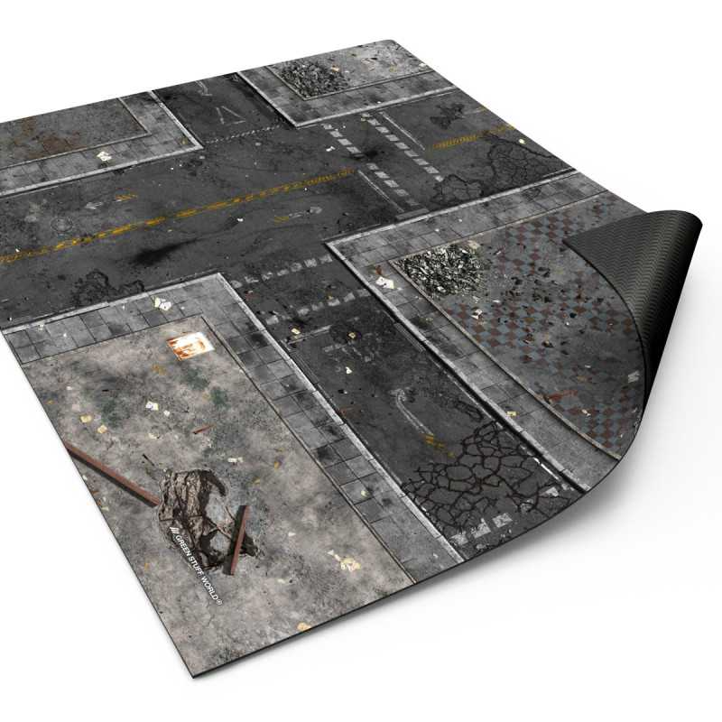Green Stuff World Wargame Mat, Ground Zero District (56x76cm), Neoprene Battle Surface, Anti-Slip Backing, 30x22 Inch, with Carrying Bag - 5864