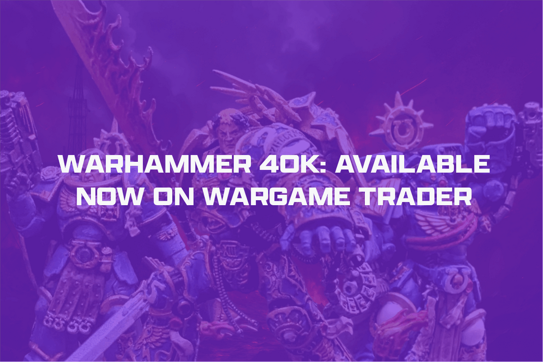 Warhammer Space Marine Painted Miniatures with a purple overlay behind the text Warhammer 40k: Available Now On Wargame Trader