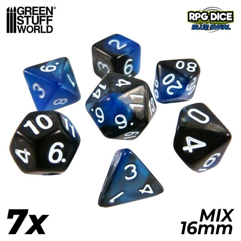 Green Stuff World 7 Piece 16mm Dice Set - Blue Swirl Mix RPG 16mm Marmol Blue 2683 - Cobbco