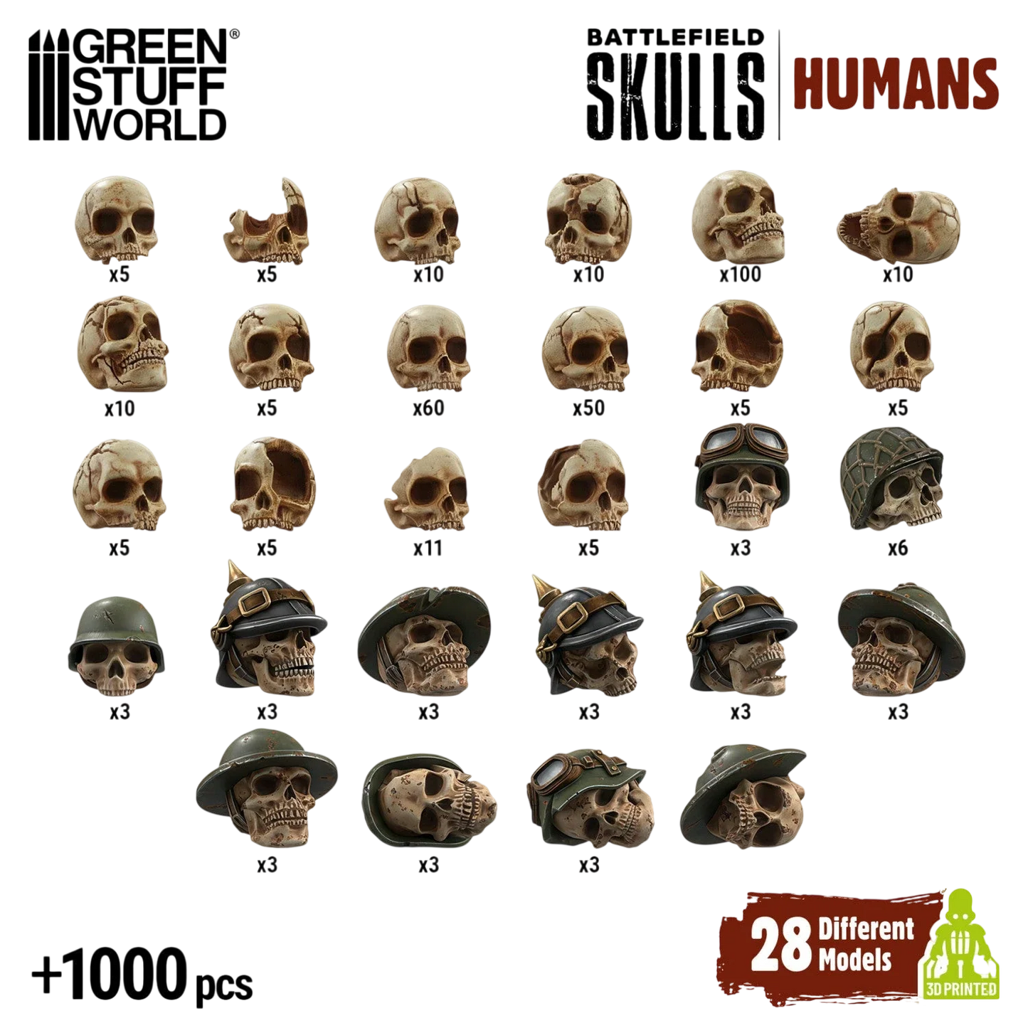 Green Stuff World 1000x Battlefield Resin Skulls 1:48-1:35 Wargaming and Modeling