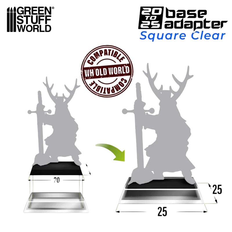 Green Stuff World 25mm Square Plastic Base Hollow - Clear - 20mm to 25mm Adapters 11431
