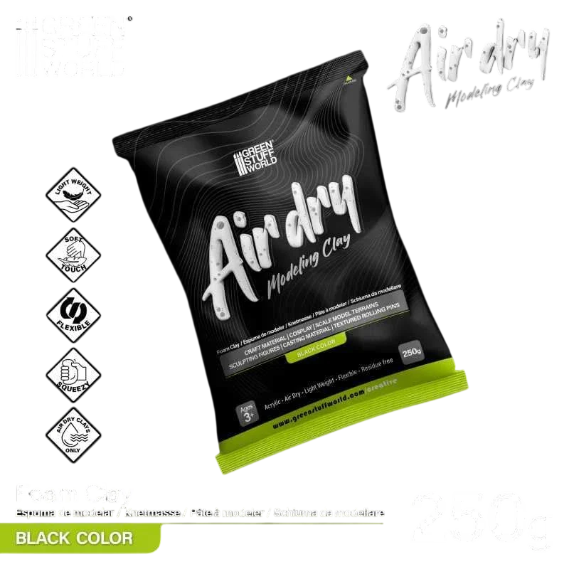 Green Stuff World Air Dry Foam Clay 250gr. - Black for Cosplay, Crafting, and Modeling 5716