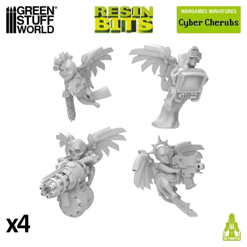 Green Stuff World Cyber Cherubs Servitors for 40K, 4-Piece Resin Miniatures Set, Compatible with Multiple Games 13499