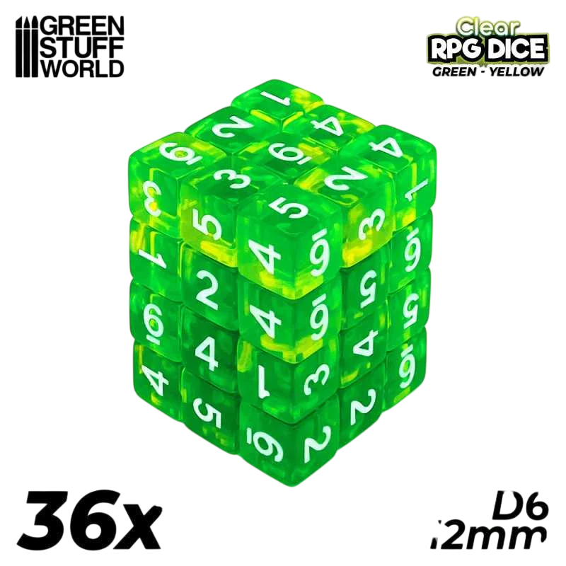 Green Stuff World D6 12mm Dice - Clear Green/Yellow 3386