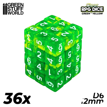 Green Stuff World D6 12mm Dice - Clear Green/Yellow 3386