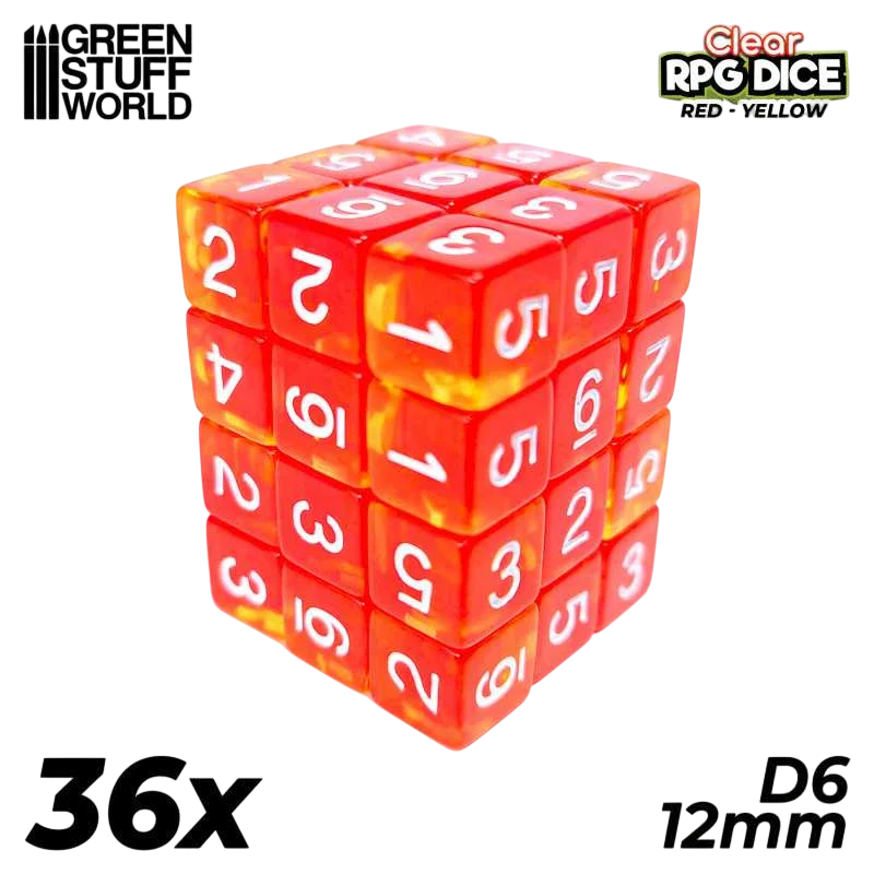 Green Stuff World D6 12mm Dice - Clear Red/Yellow 3383