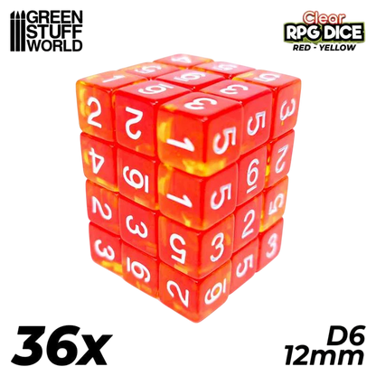 Green Stuff World D6 12mm Dice - Clear Red/Yellow 3383