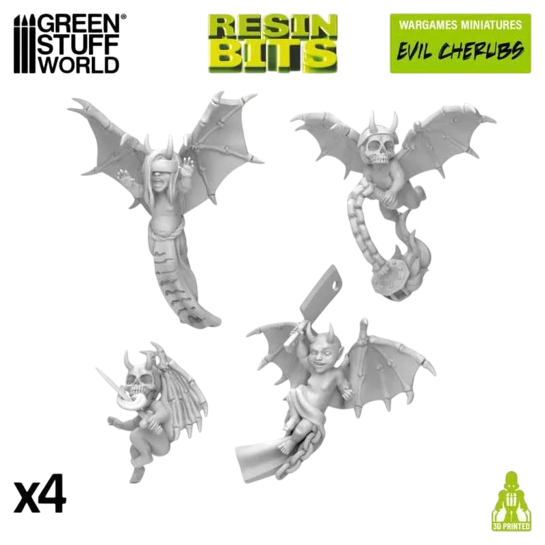 Green Stuff World Evil Imp Cherubs Miniatures for 40K, 3D Printed Resin Bits, Set of 4 Demonic with Weapons 12347