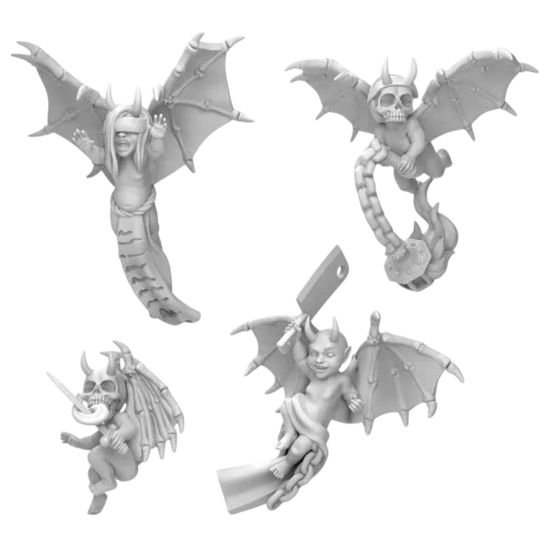 Green Stuff World Evil Imp Cherubs Miniatures for 40K, 3D Printed Resin Bits, Set of 4 Demonic with Weapons 12347