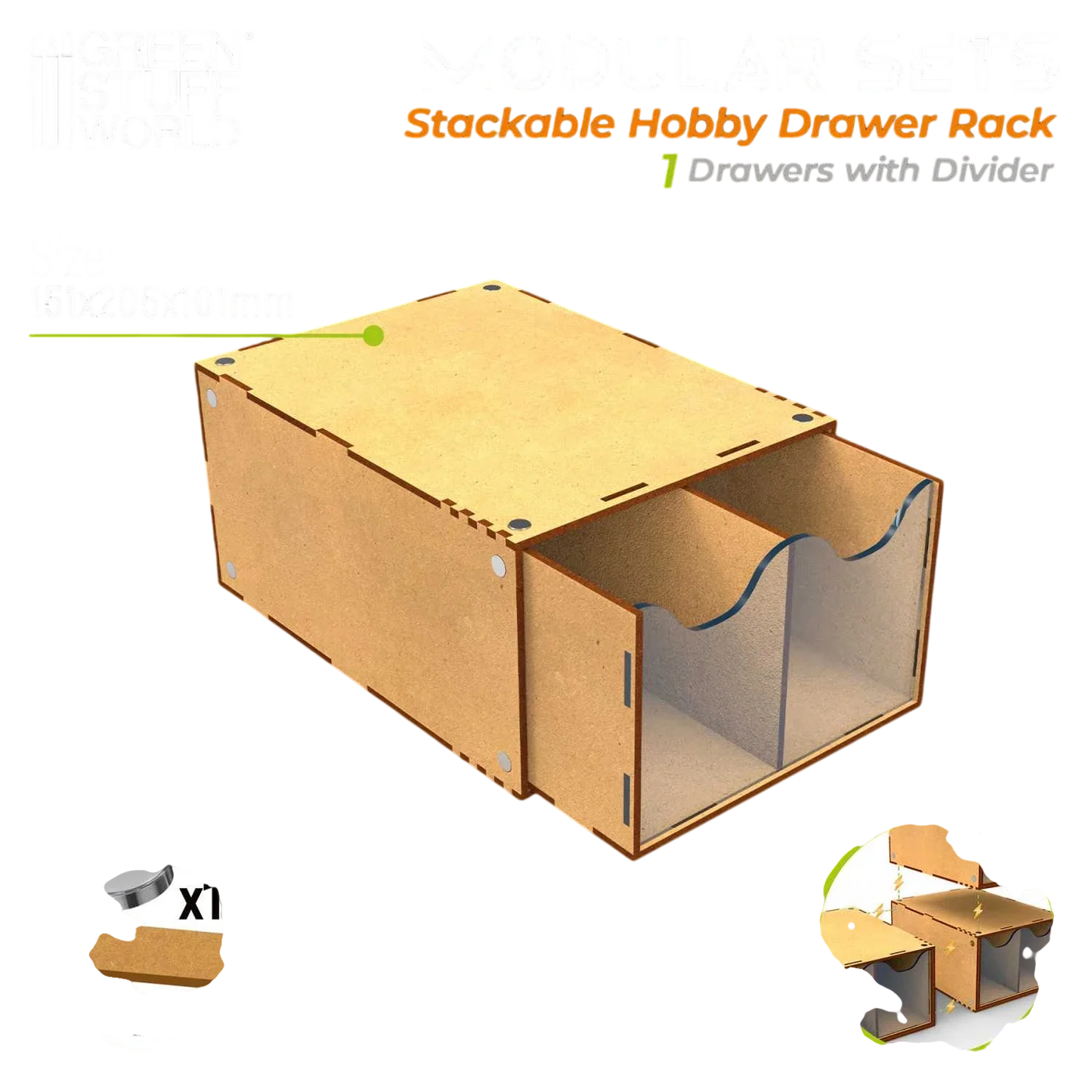 Green Stuff World Half Stackable hobby drawer rack with 2 vertical drawers and magnets