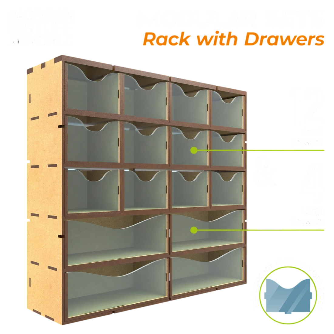 Green Stuff World MDF Vertical rack with 16 Drawers