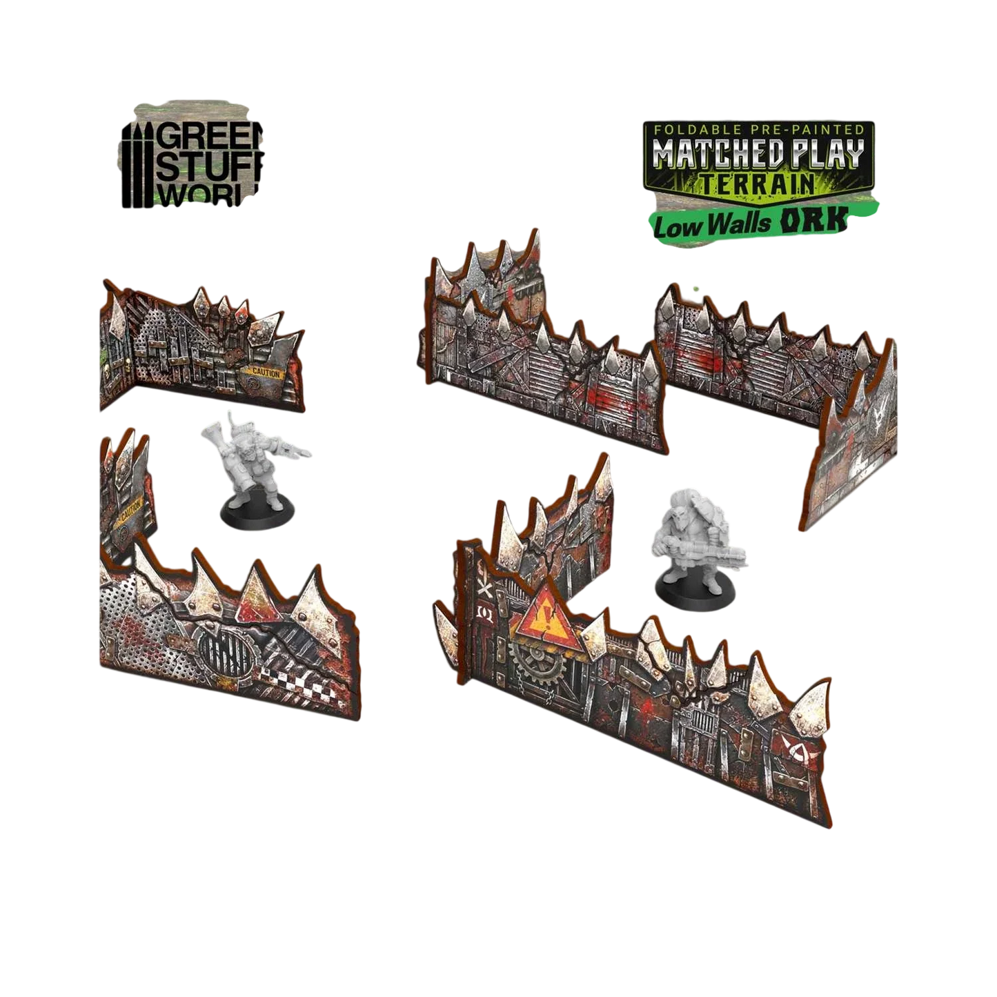 Green Stuff World Matched Play Pre-painted Ork Low Walls (Pack x8) - Wargaming