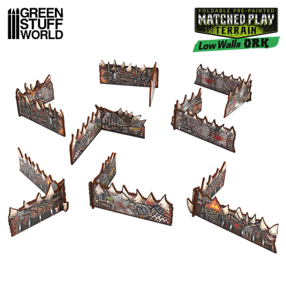 Green Stuff World Matched Play Pre-painted Ork Low Walls (Pack x8) - Wargaming