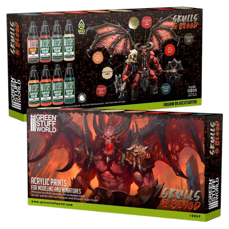 Green Stuff World Maxx Formula Acrylic Paint Set, Skulls & Blood, 8 Colors, 17ml Dropper Bottles 12064