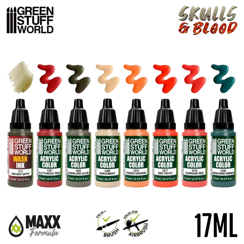 Green Stuff World Maxx Formula Acrylic Paint Set, Skulls & Blood, 8 Colors, 17ml Dropper Bottles 12064