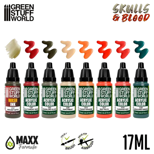 Green Stuff World Maxx Formula Acrylic Paint Set, Skulls & Blood, 8 Colors, 17ml Dropper Bottles 12064