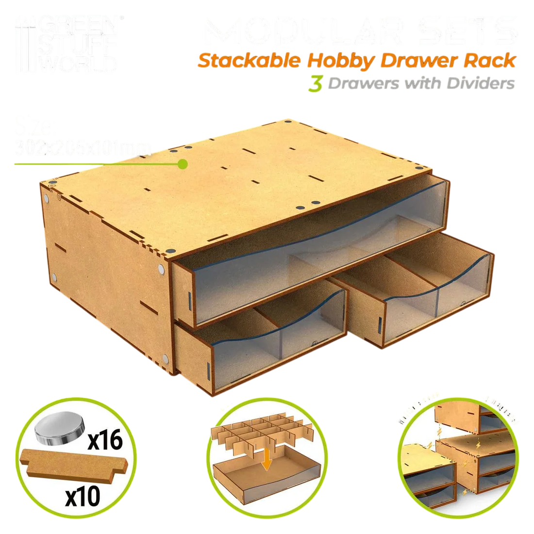 Green Stuff World Stackable Hobby Drawer Rack with 3 horizontal drawers and dividers