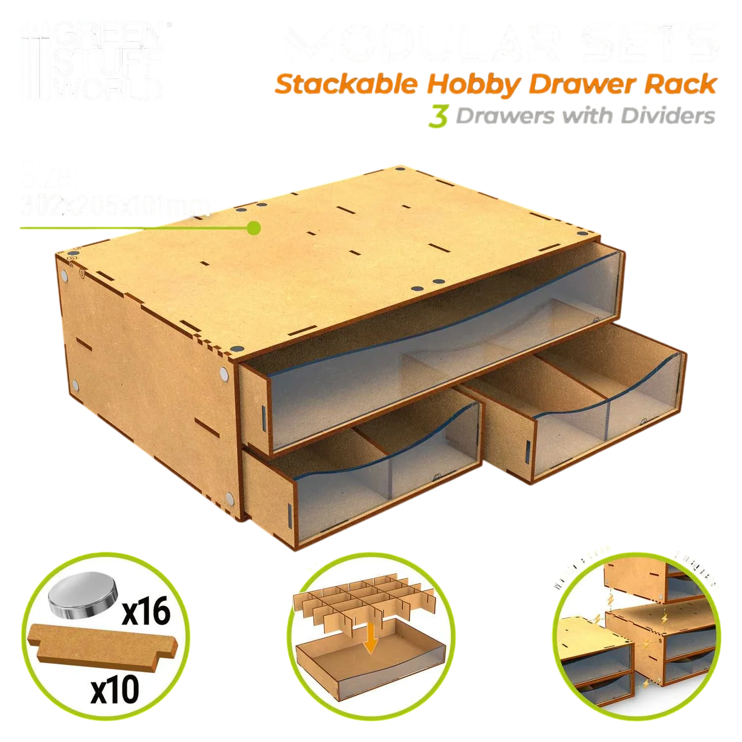 Green Stuff World Stackable Hobby Drawer Rack with 3 horizontal drawers and dividers