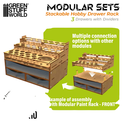 Green Stuff World Stackable Hobby Drawer Rack with 3 horizontal drawers and dividers