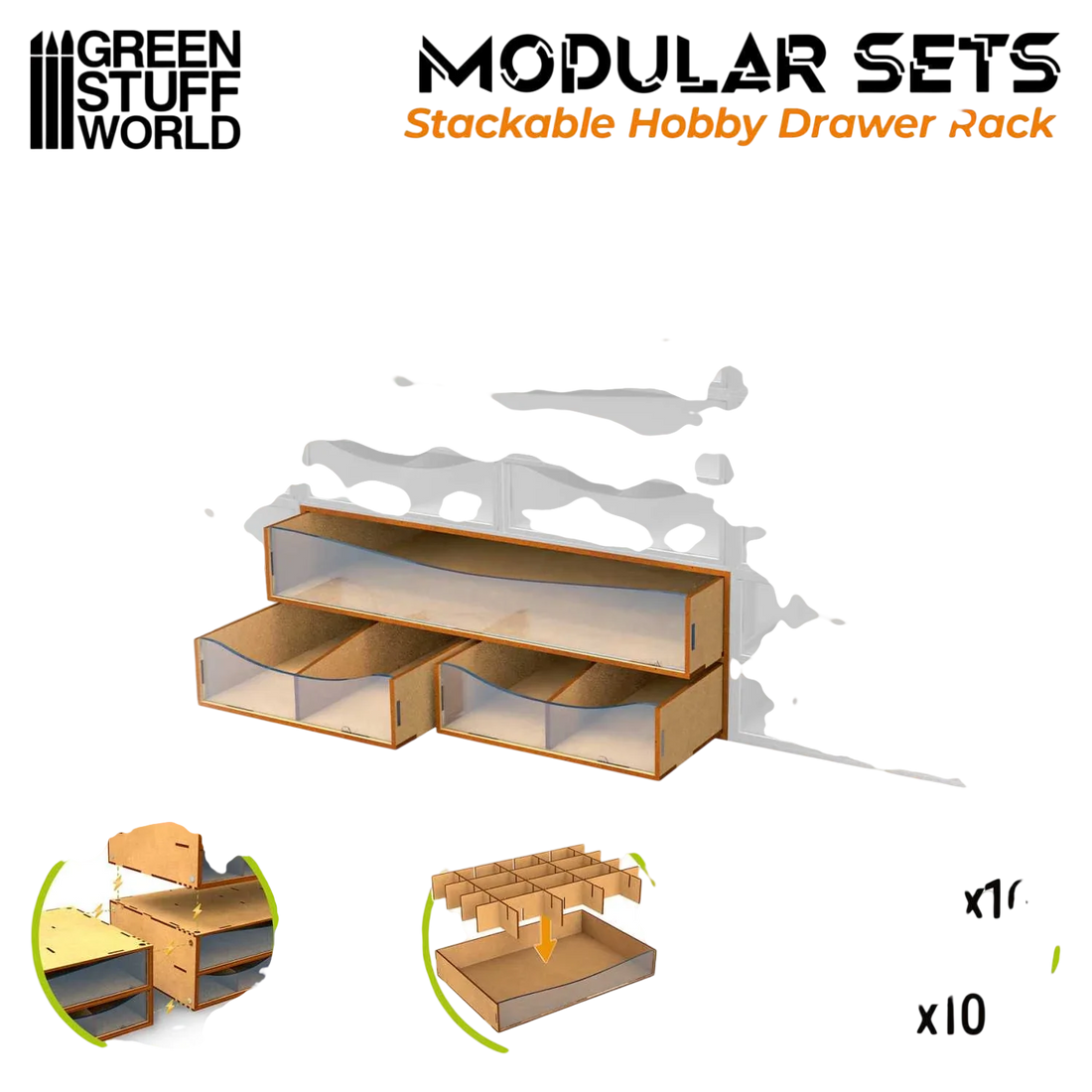 Green Stuff World Stackable Hobby Drawer Rack with 3 horizontal drawers and dividers