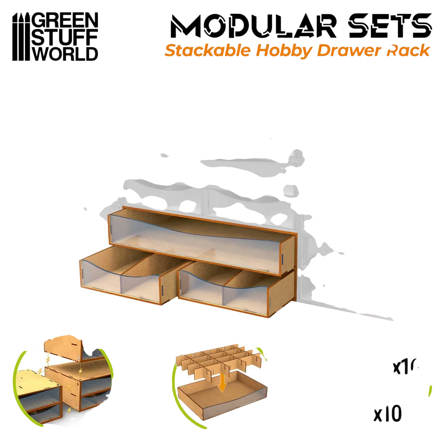 Green Stuff World Stackable Hobby Drawer Rack with 3 horizontal drawers and dividers