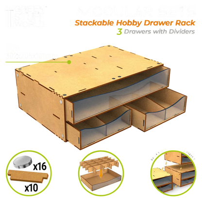 Green Stuff World Stackable Hobby Drawer Rack with 3 horizontal drawers and dividers
