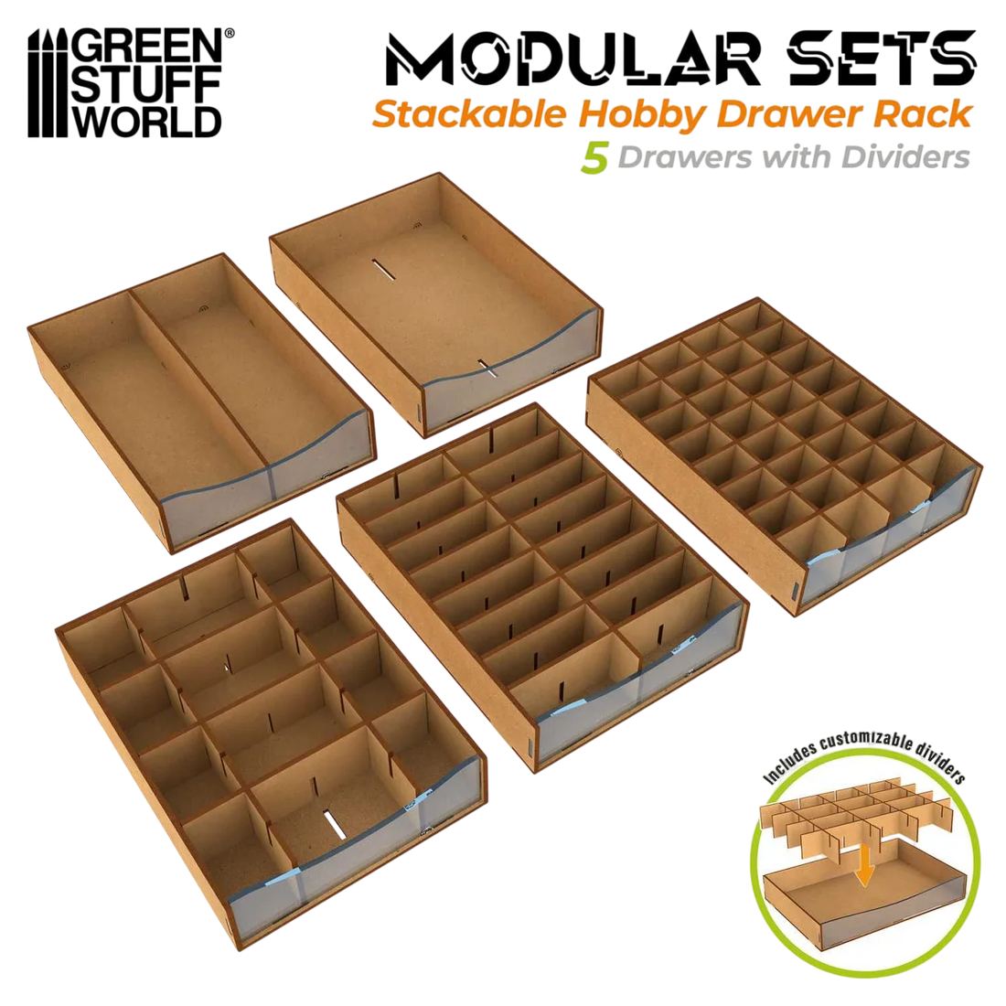 Green Stuff World Stackable Hobby Drawer Rack with 3 horizontal drawers and dividers