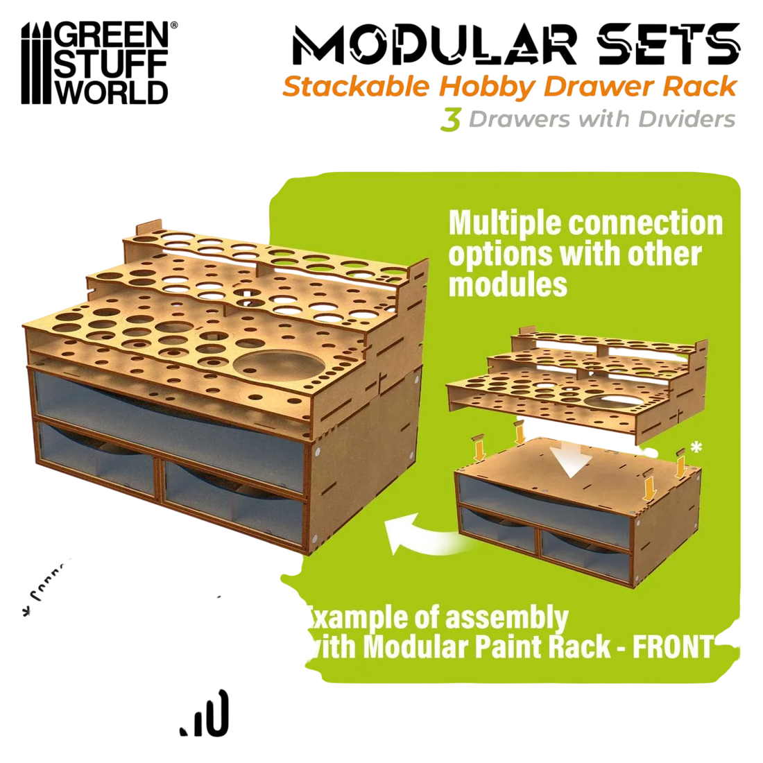 Green Stuff World Stackable Hobby Drawer Rack with 3 horizontal drawers and dividers