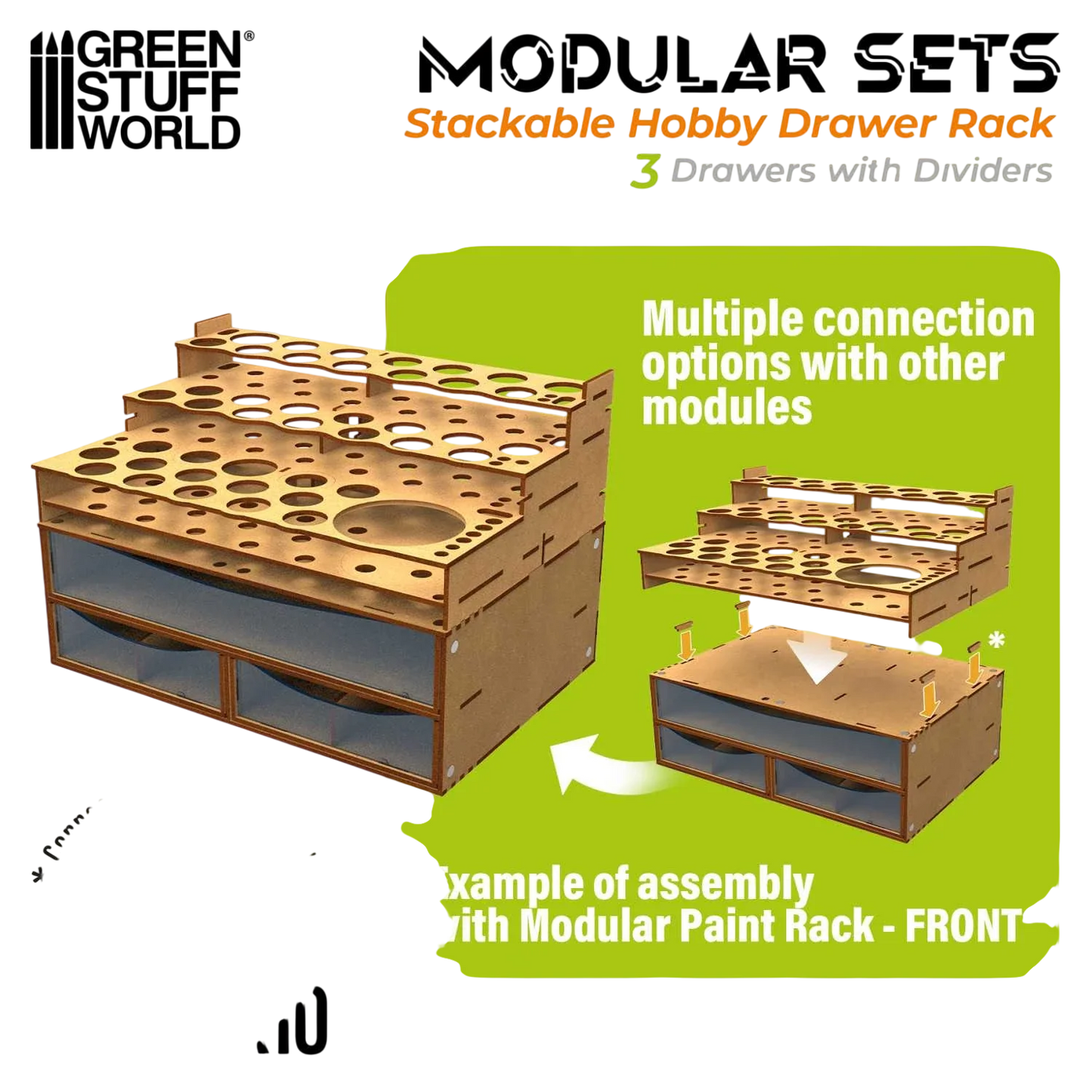 Green Stuff World Stackable Hobby Drawer Rack with 3 horizontal drawers and dividers