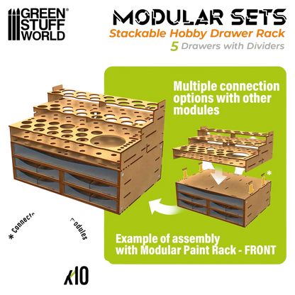 Green Stuff World Stackable Hobby Drawer Rack with 5 horizontal drawers and dividers