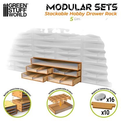 Green Stuff World Stackable Hobby Drawer Rack with 5 horizontal drawers and dividers