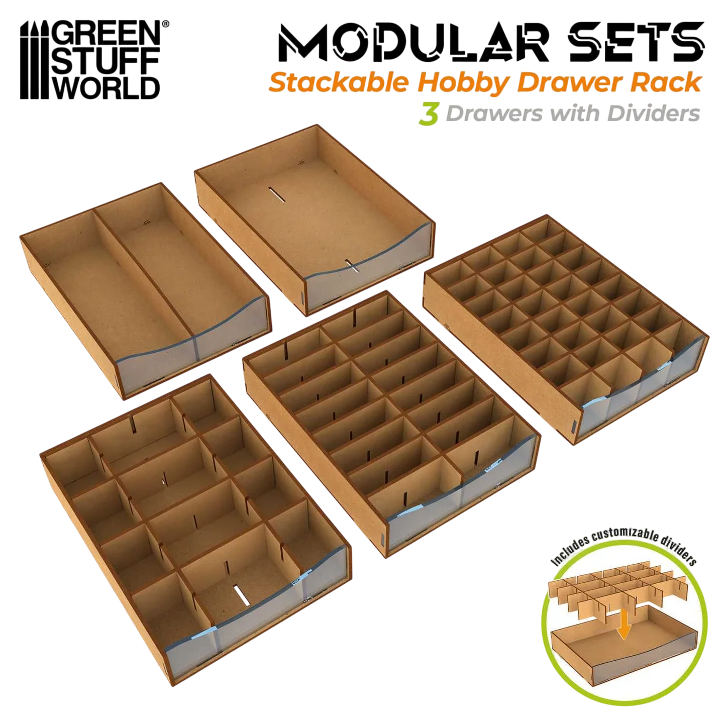 Green Stuff World Stackable Hobby Drawer Rack with 5 horizontal drawers and dividers