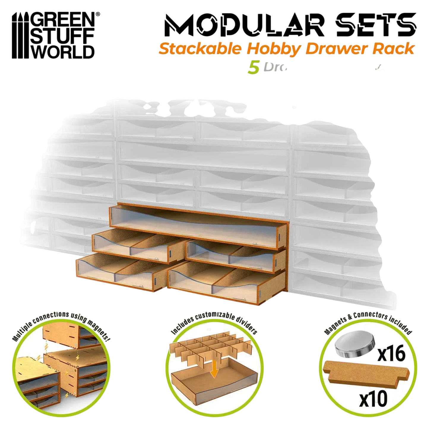 Green Stuff World Stackable Hobby Drawer Rack with 5 horizontal drawers and dividers