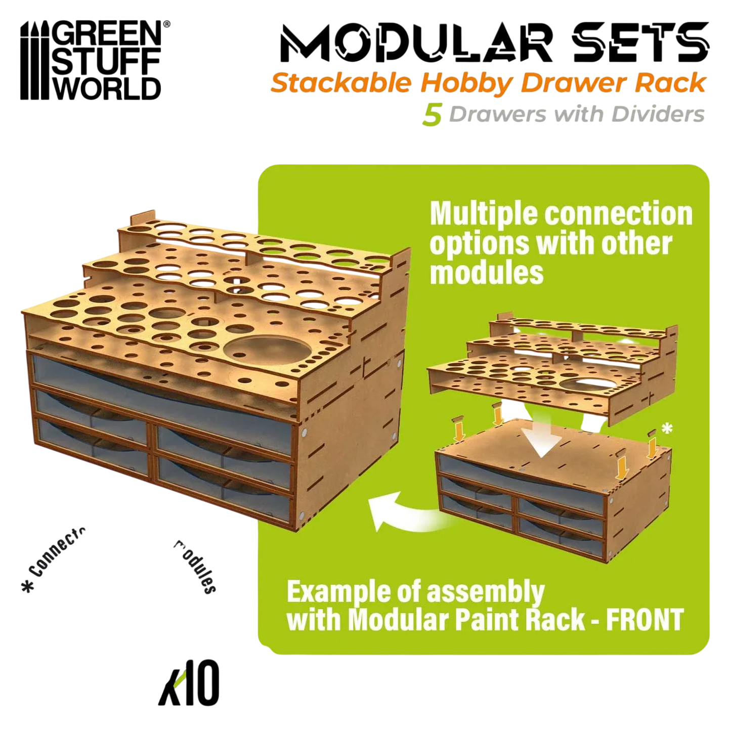 Green Stuff World Stackable Hobby Drawer Rack with 5 horizontal drawers and dividers