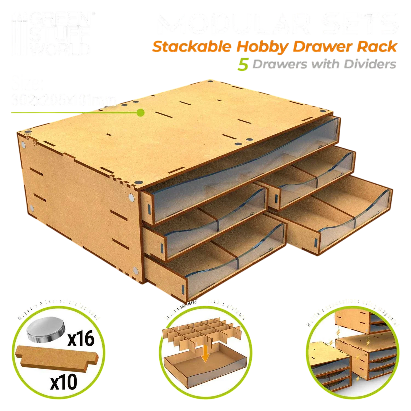 Green Stuff World Stackable Hobby Drawer Rack with 5 horizontal drawers and dividers