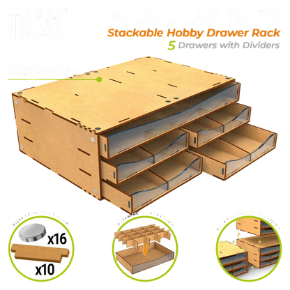 Green Stuff World Stackable Hobby Drawer Rack with 5 horizontal drawers and dividers