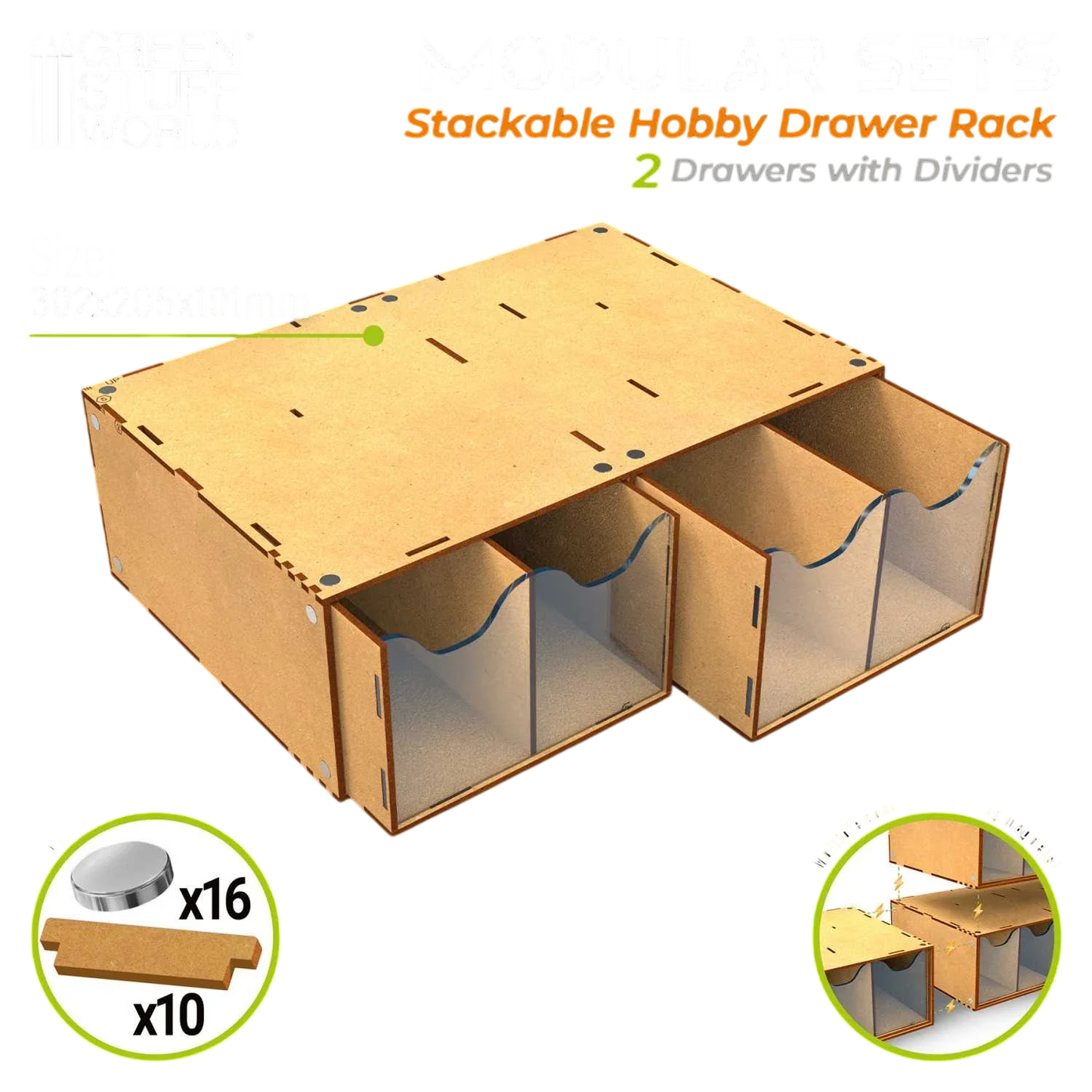 Green Stuff World Stackable hobby drawer rack with 4 vertical drawers and magnets