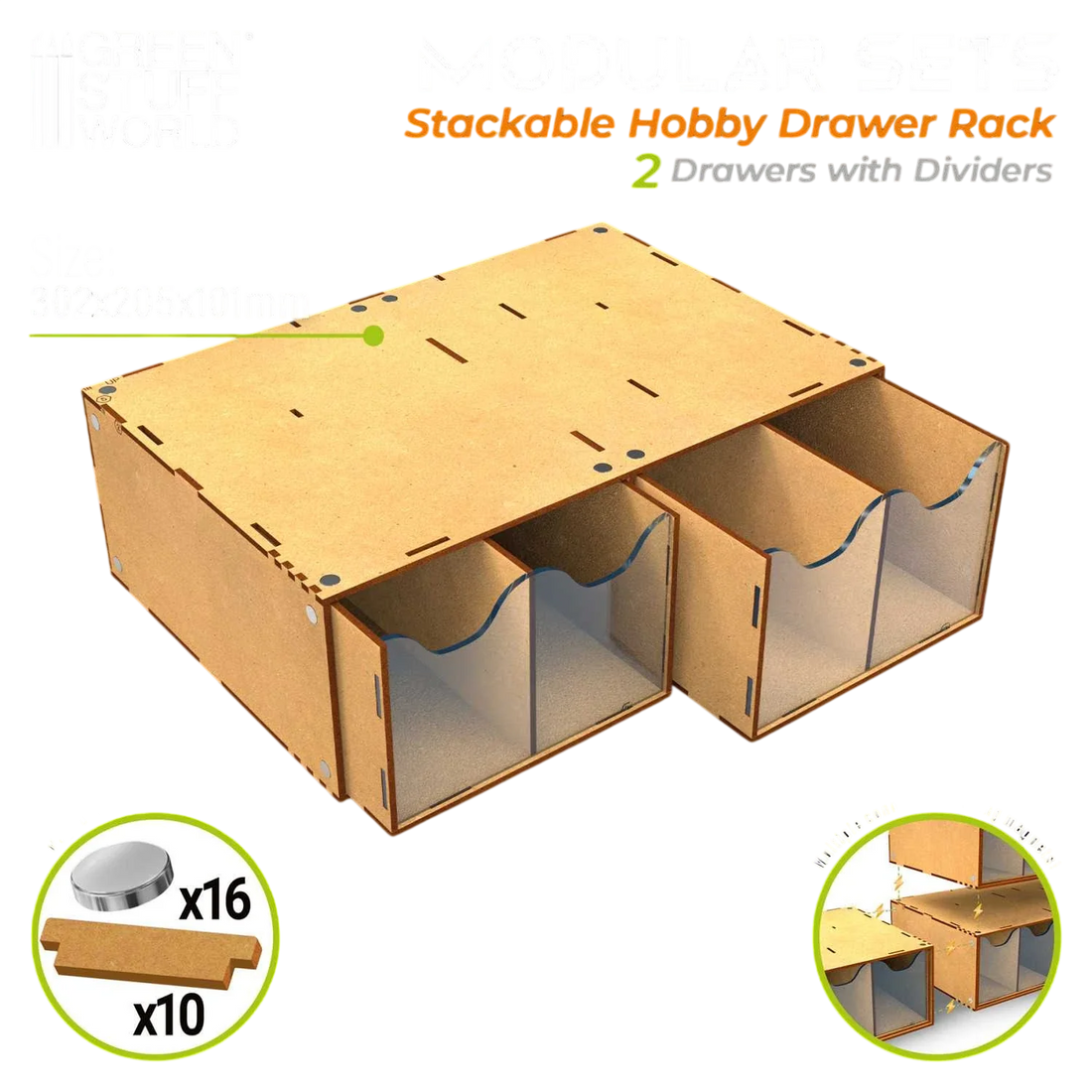 Green Stuff World Stackable hobby drawer rack with 4 vertical drawers and magnets