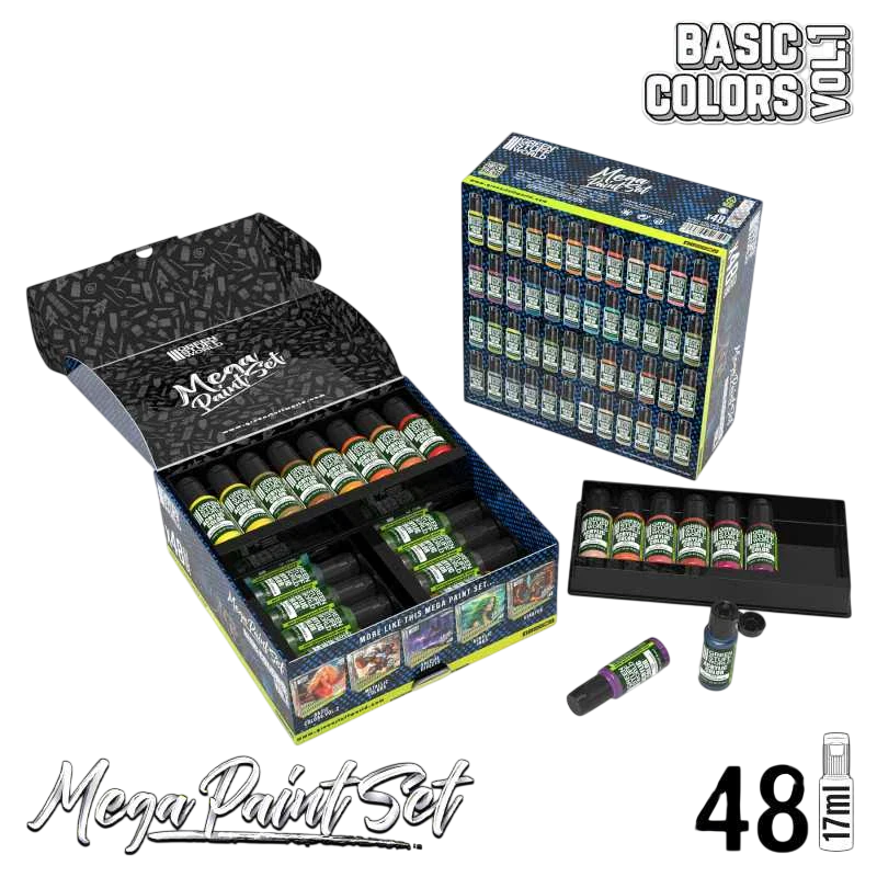 Green Stuff World Ultimate Basic Mega Starter Paint Set - Vol. 1.0-48 Essential Acrylic Paints for Modeling, Wargaming, and other Hobbies - 12259