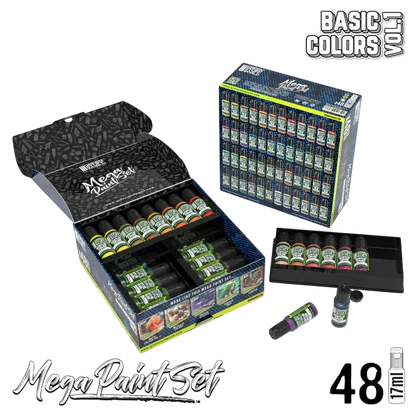 Green Stuff World Ultimate Basic Mega Starter Paint Set - Vol. 1.0-48 Essential Acrylic Paints for Modeling, Wargaming, and other Hobbies - 12259