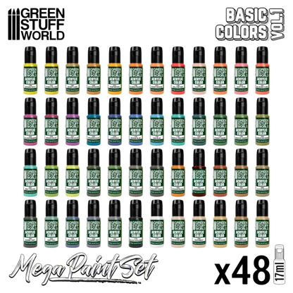 Green Stuff World Ultimate Basic Mega Starter Paint Set - Vol. 1.0-48 Essential Acrylic Paints for Modeling, Wargaming, and other Hobbies - 12259