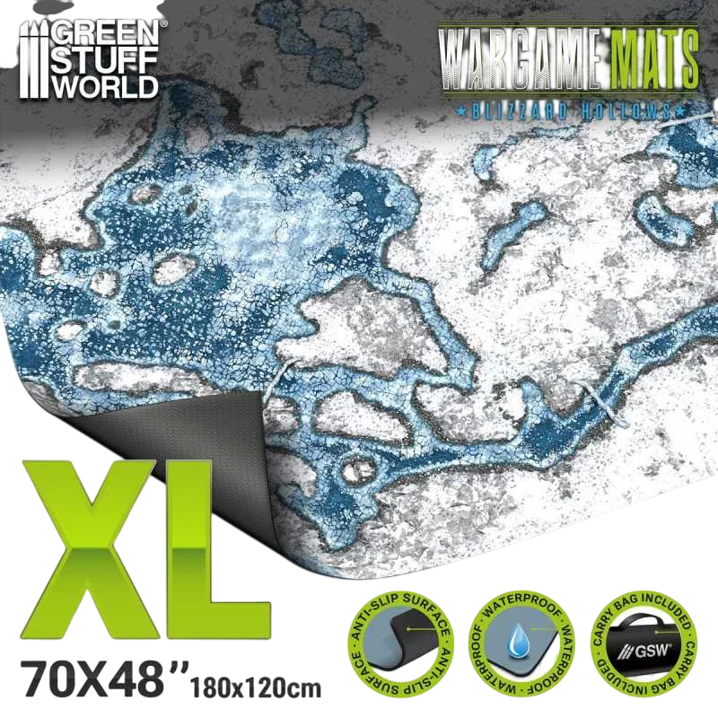Green Stuff World Wargame Mat, Blizzard Hollows, Neoprene Battle Surface, Anti-Slip Backing, 48x70 Inch, with Carrying Bag - 6346