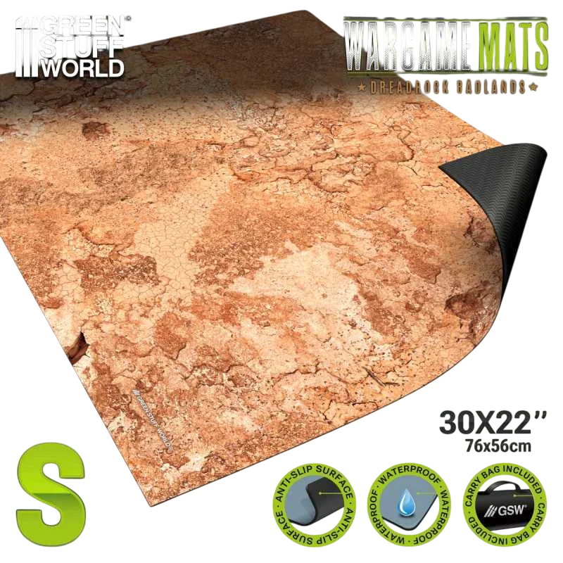Green Stuff World Wargame Mat, Dreadrock Badlands, Neoprene Battle Surface, Anti-Slip Backing, 30x22 Inch, with Carrying Bag - 5862